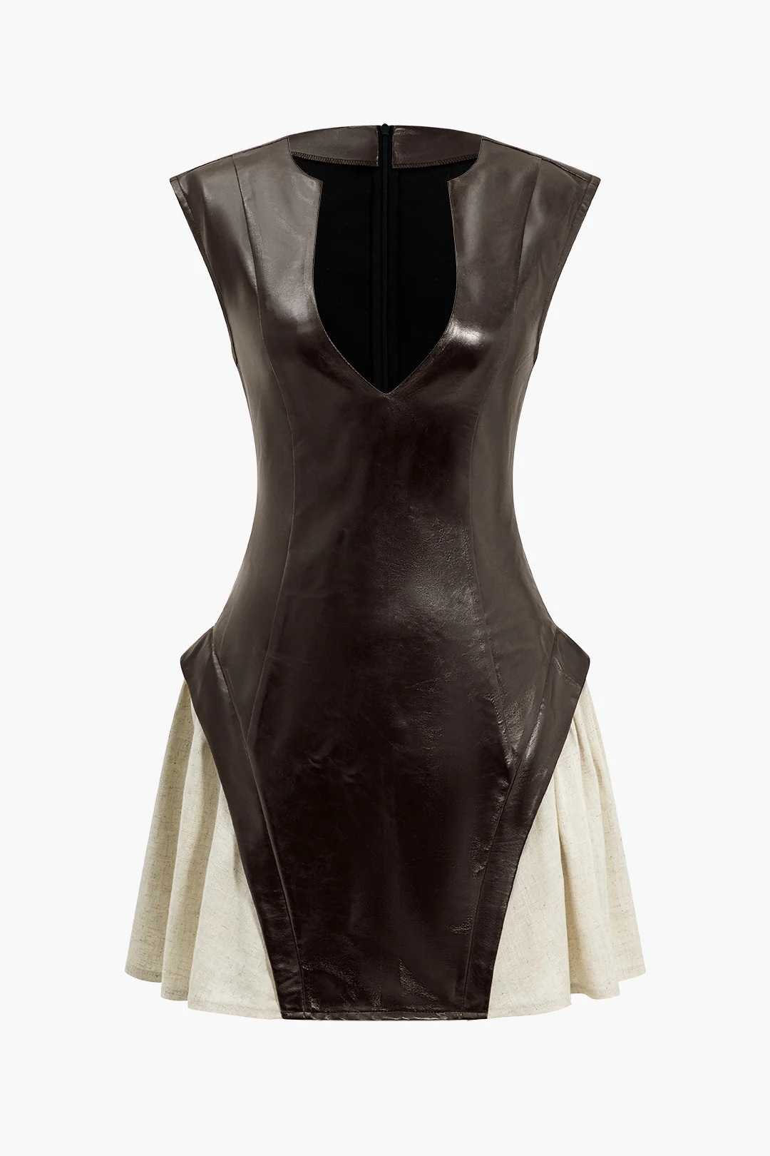 Solid Pu Patchwork Ruched Zipper Mini Dress - Image 5