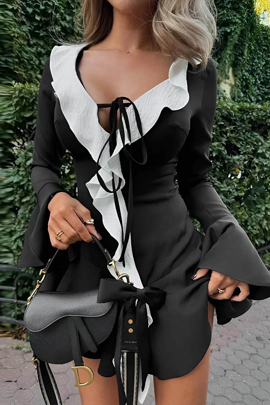 Contrast Ruffle Neck Tie Front Bell Sleeve Mini Dress - Image 5