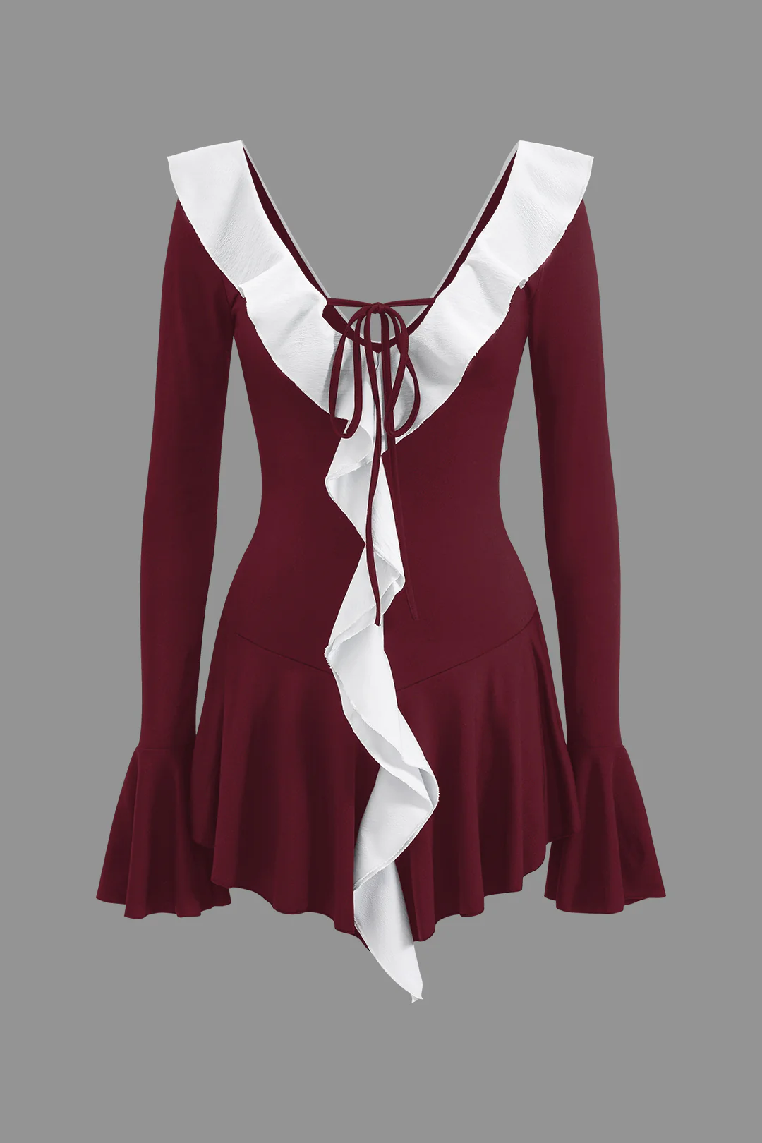 Contrast Ruffle Neck Tie Front Bell Sleeve Mini Dress - Image 6