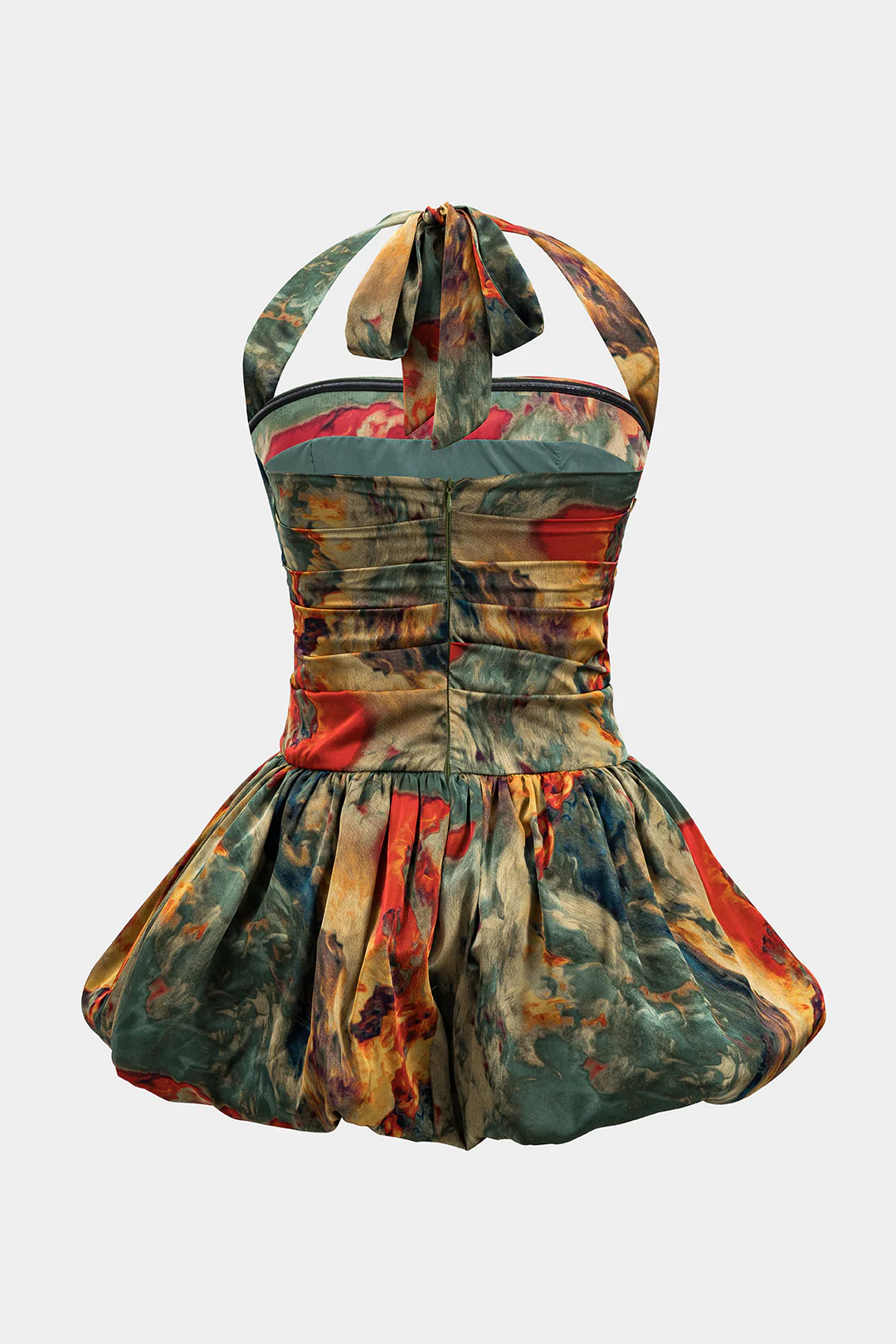 Watercolor Print Satin Ruched Backless Zipper Tie Up Mini Dress - Image 2