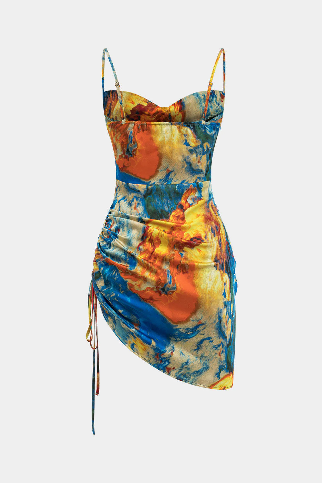 Watercolor Print Satin Ruched Drawstring Slip Mini Dress - Image 12