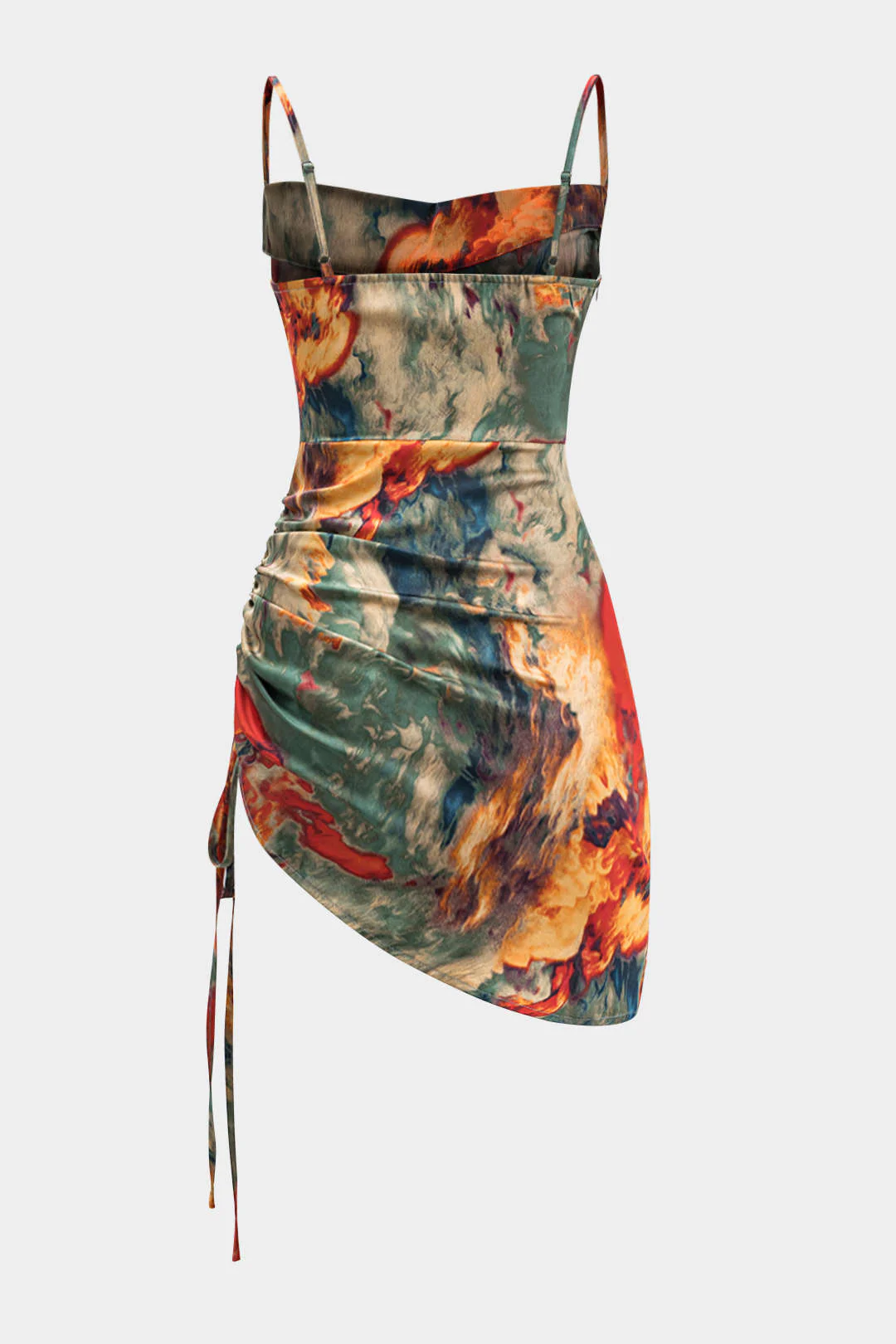 Watercolor Print Satin Ruched Drawstring Slip Mini Dress - Image 2