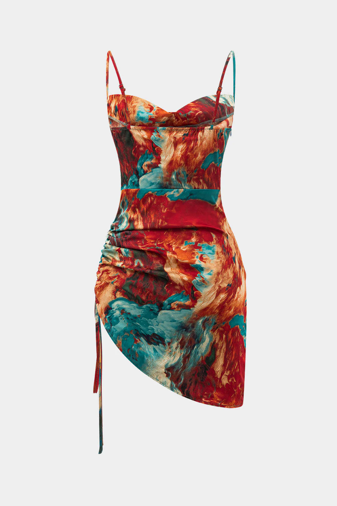 Watercolor Print Satin Ruched Drawstring Slip Mini Dress - Image 7