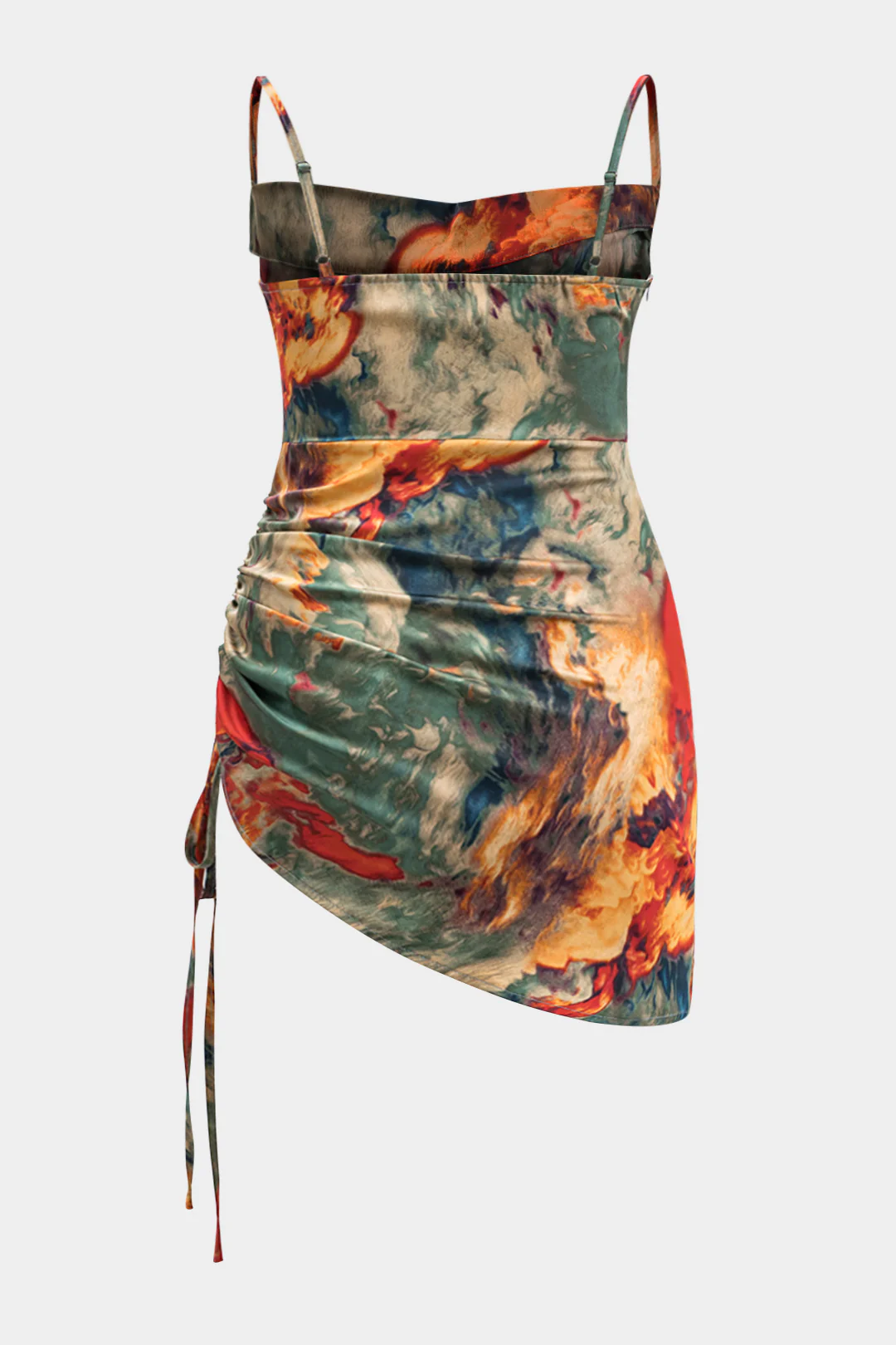 Plus Size Satin Watercolor Print Drawstring Ruched Slip Sleeveless Mini Dress - Image 2