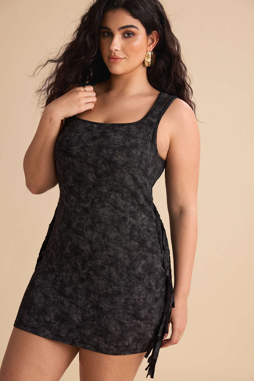 Plus Size Tie Dye Print Fringe Square Neck Sleeveless Mini Dress - Image 4