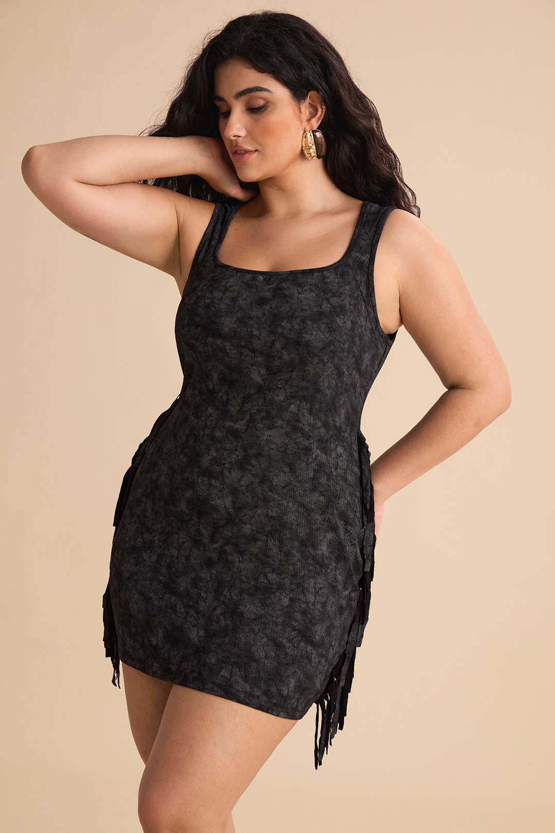 Plus Size Tie Dye Print Fringe Square Neck Sleeveless Mini Dress - Image 5