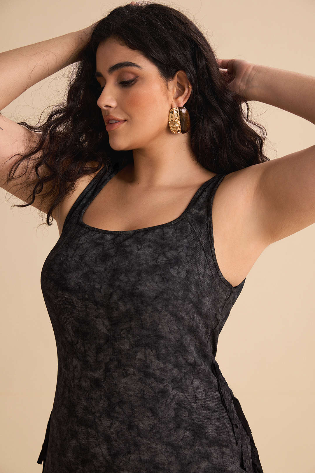 Plus Size Tie Dye Print Fringe Square Neck Sleeveless Mini Dress - Image 6