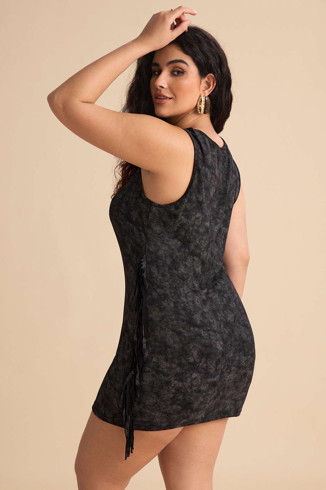 Plus Size Tie Dye Print Fringe Square Neck Sleeveless Mini Dress - Image 8