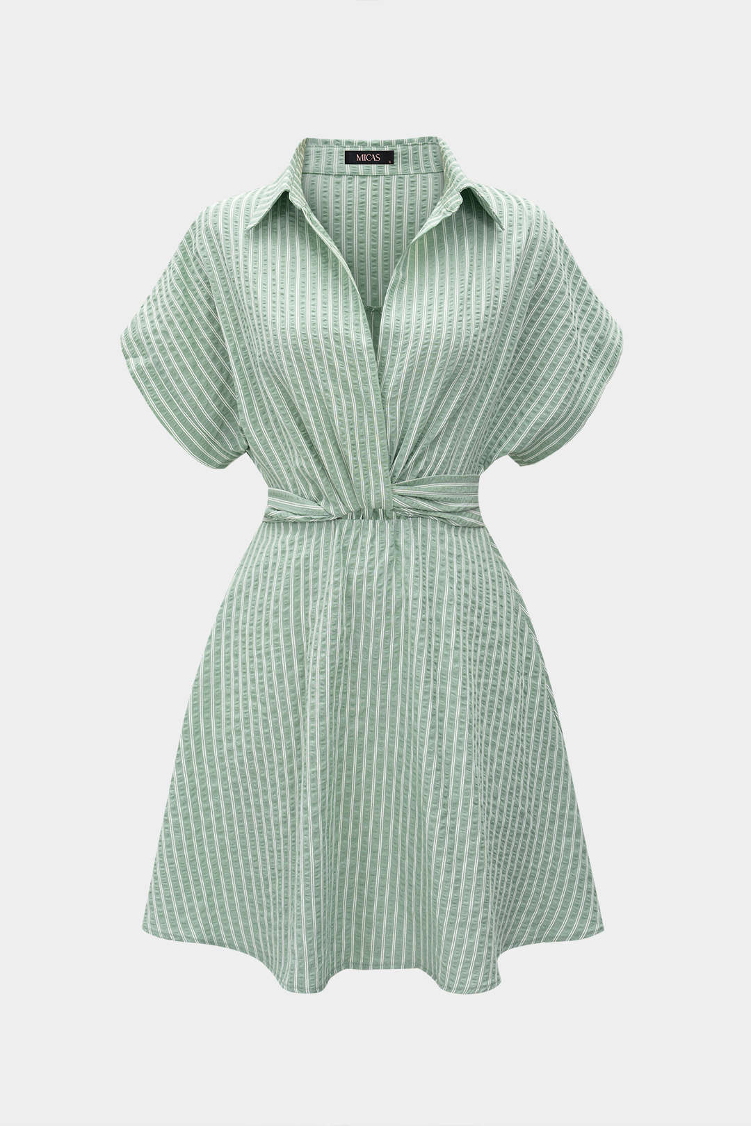 Stripes Print Lapel Twist Knot Short Sleeve Mini Dress