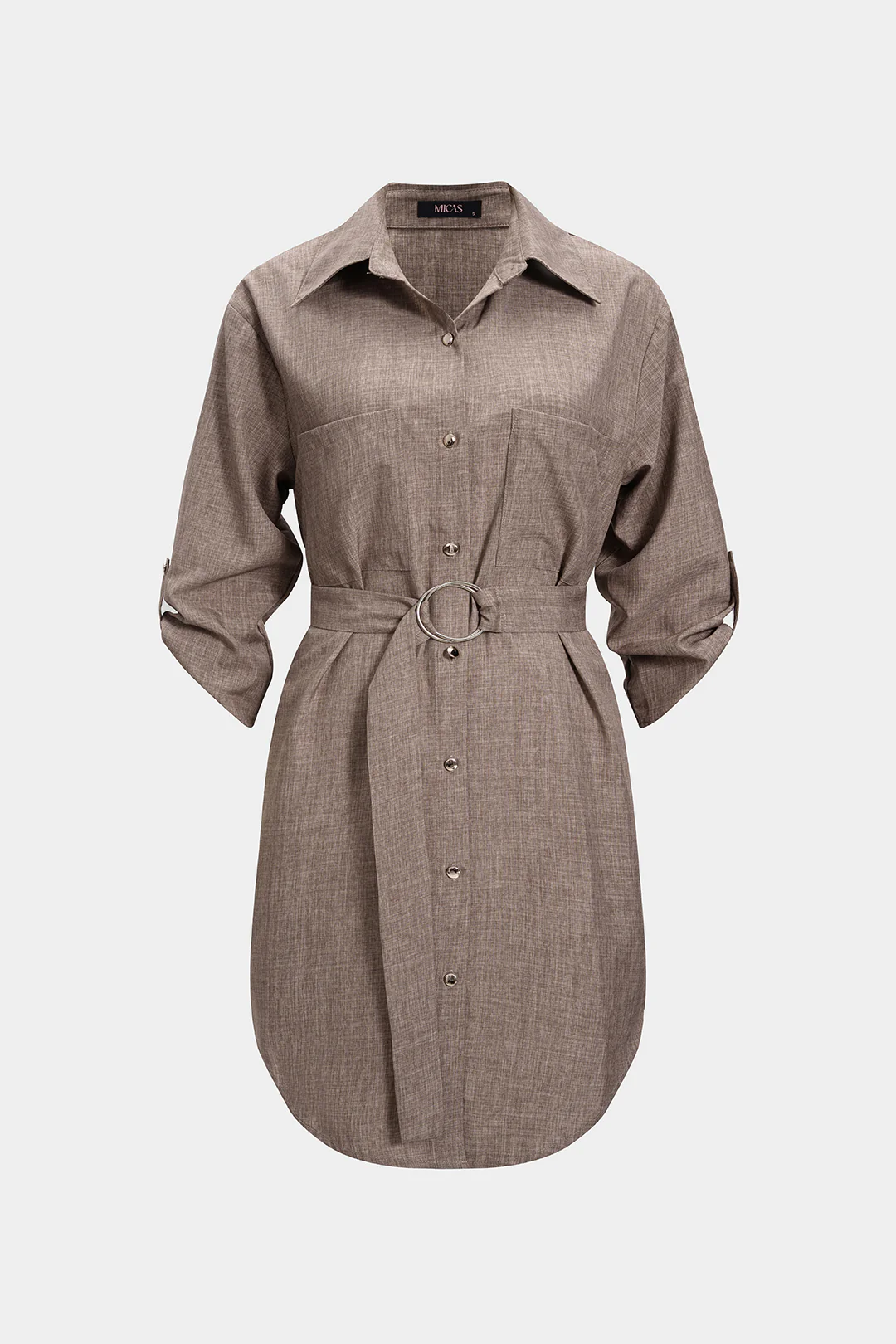 Button V-Neck Belted Mini Dress