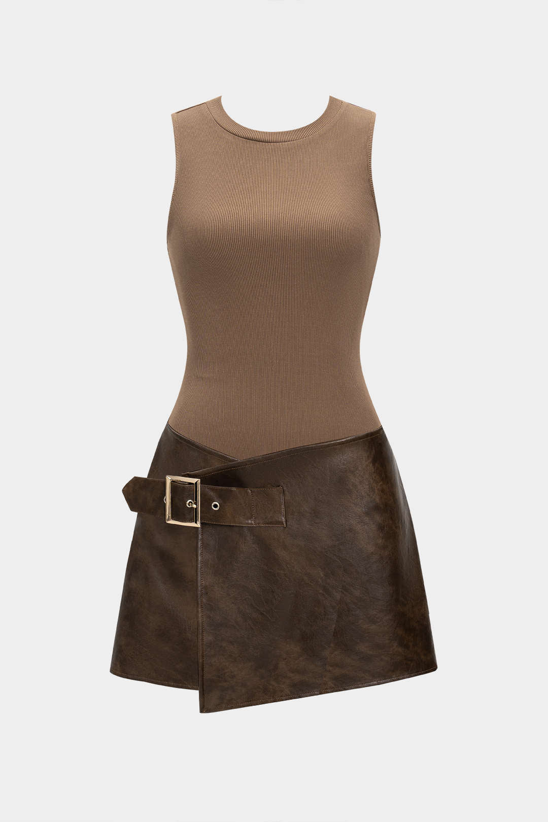 Faux Leather Patchwork Asymmetrical Sleeveless Mini Dress