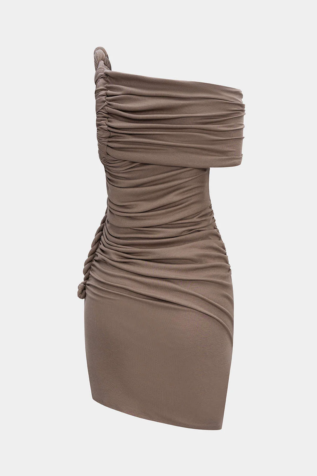 Ruched Twist Knot One Shoulder Short Sleeve Mini Dress - Image 2