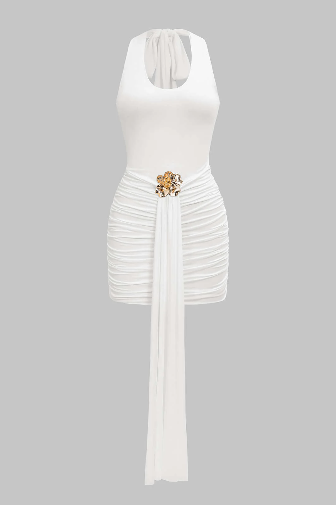Halter Neck Tie-Back Metallic Ruched Strappy Sleeveless Mini Dress - Image 2
