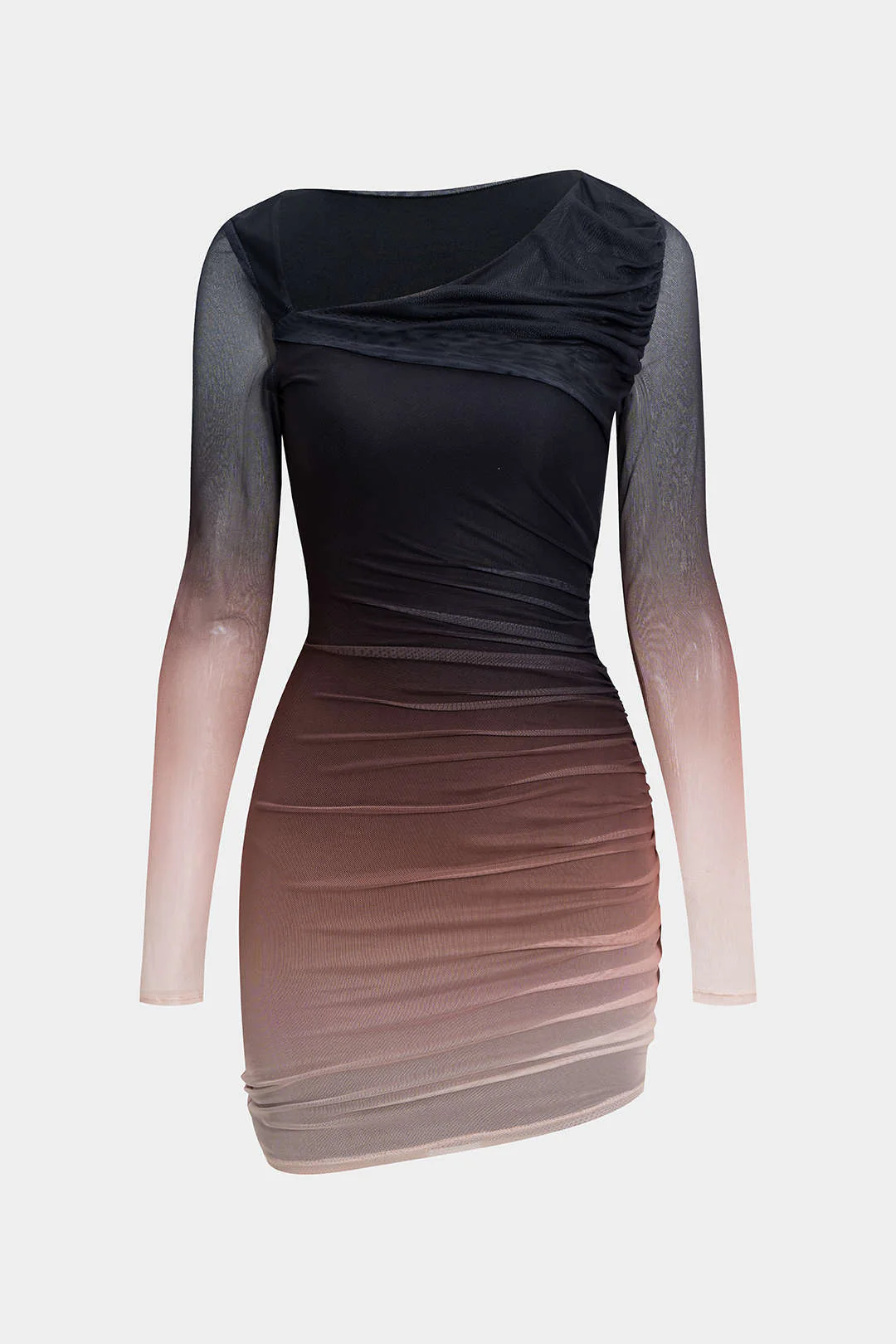 Mesh Colorblock Print Asymmetrical Ruched Long-Sleeve Mini Dress - Image 6