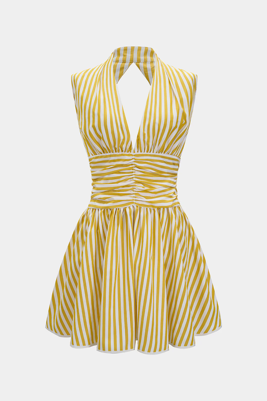Stripes Print Halter Neck Shirred Backless Sleeveless Mini Dress