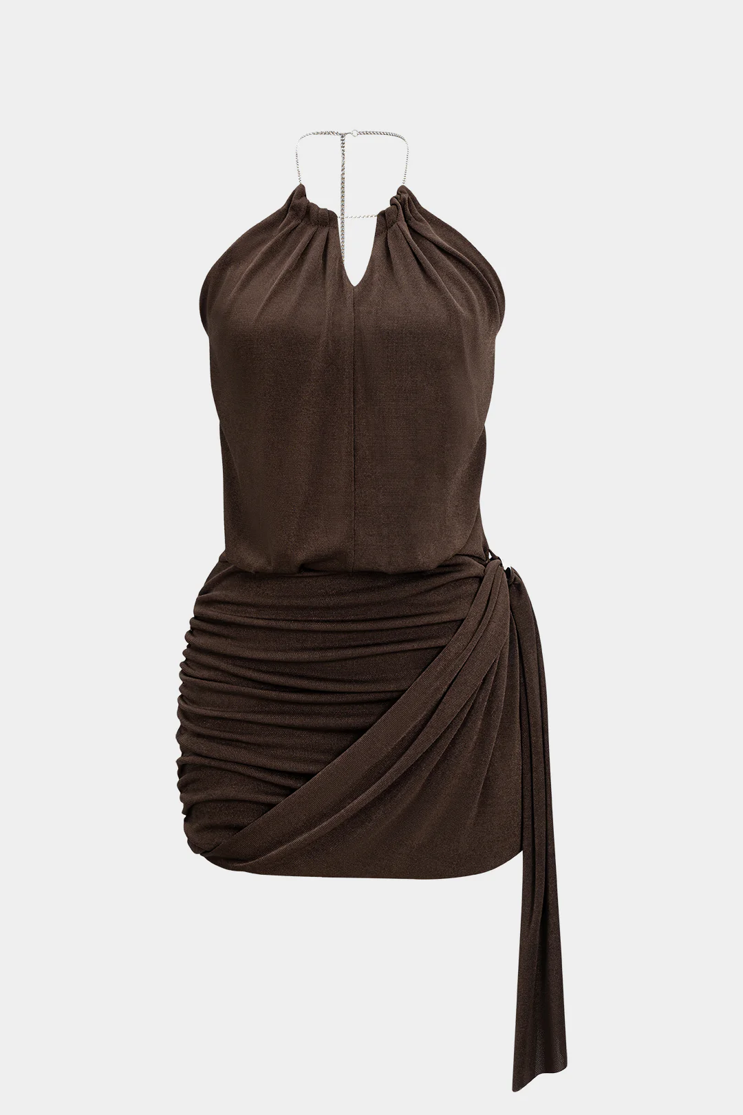 Halter Neck Chain Ruched Asymmetrical Sleeveless Mini Dress - Image 2