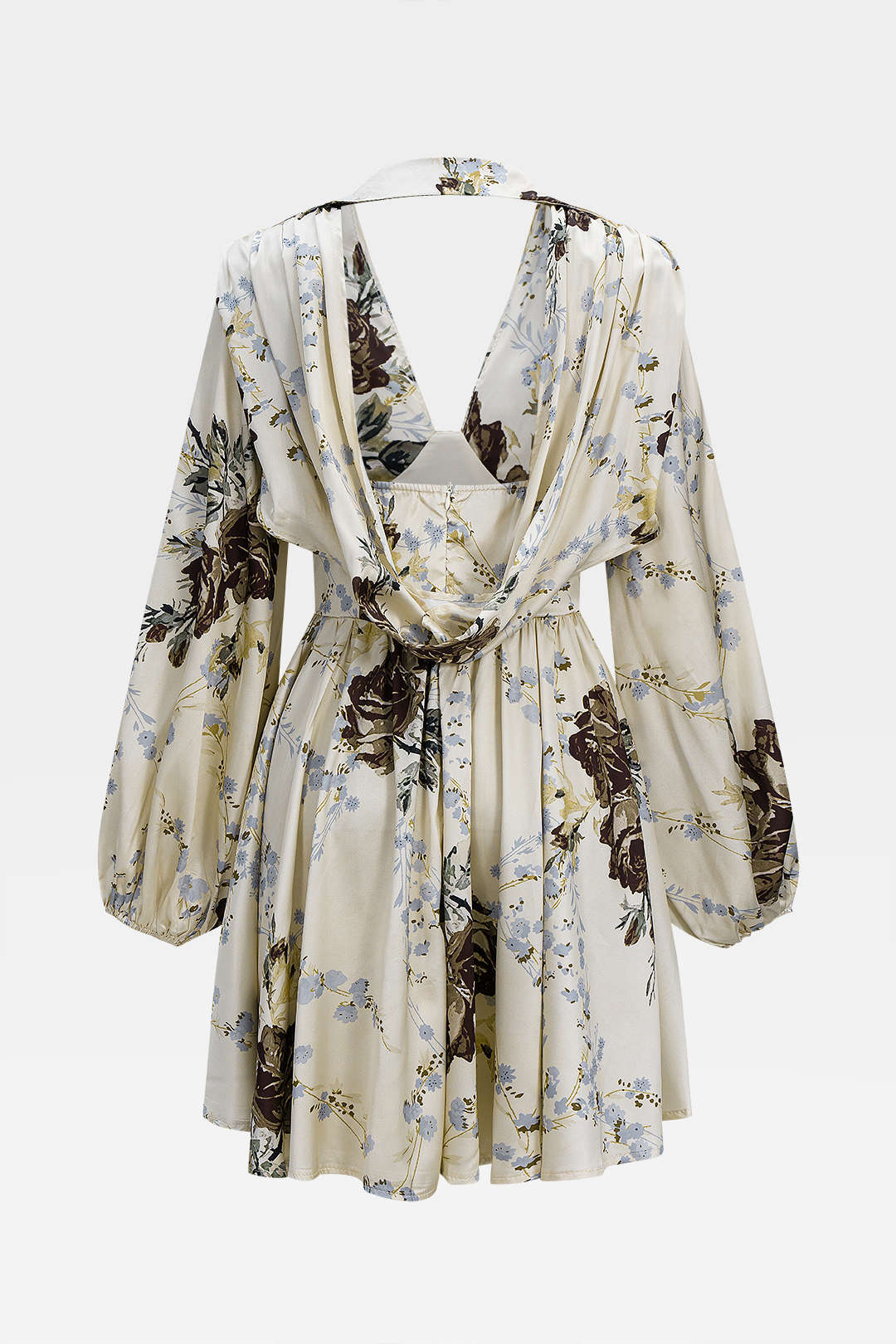 Floral Print Satin Ruched Backless V-Neck Long Sleeve Midi Dress - Image 2