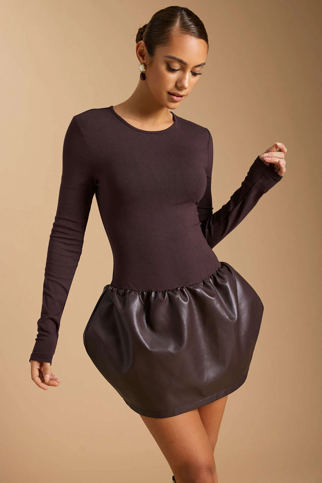 Faux Leather Round Neck Patchwork Ruched Long Sleeve Mini Dress - Image 4