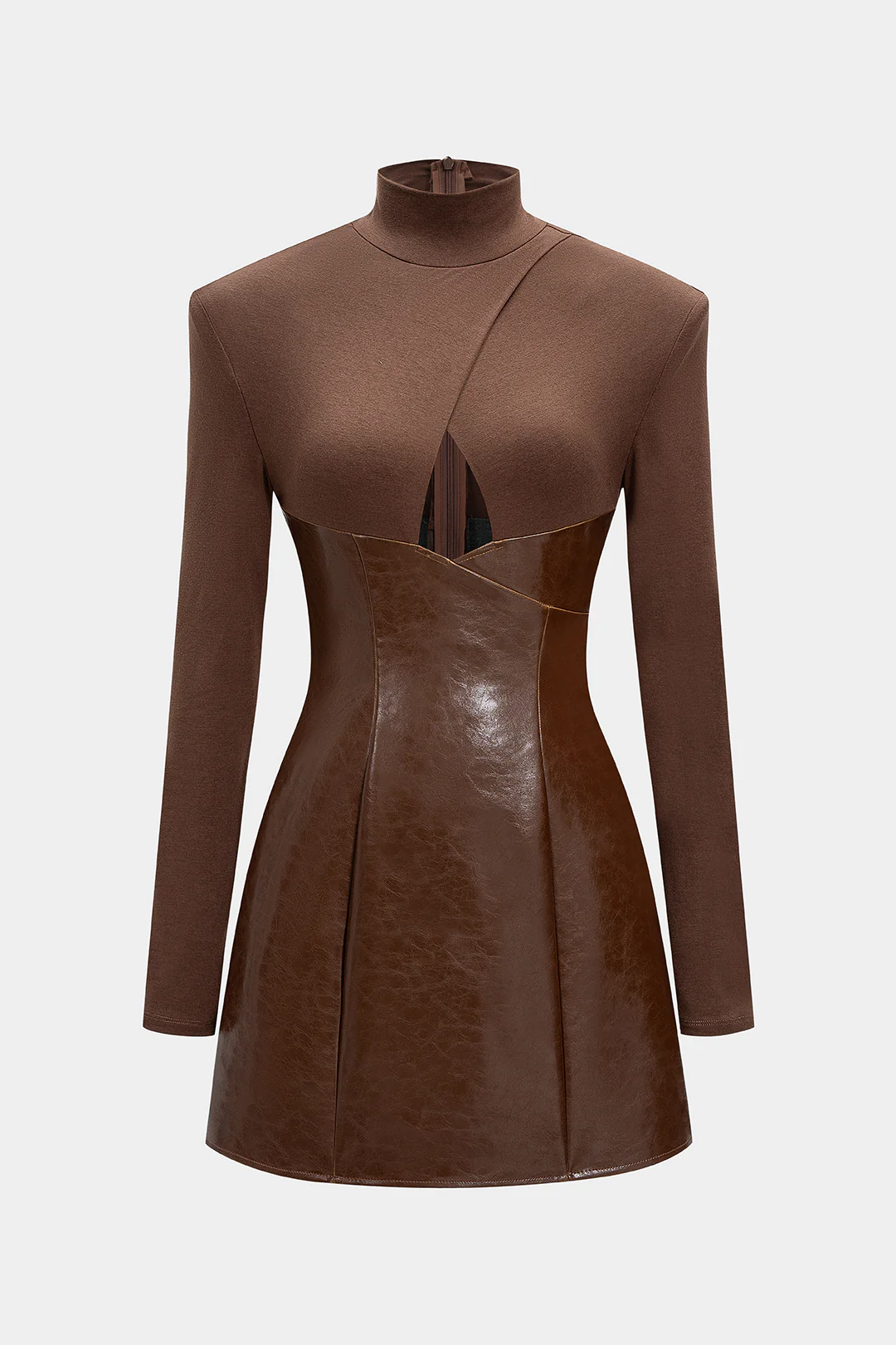 Mock Neck Faux Leather Patchwork Cut Out Long Sleeve Mini Dress