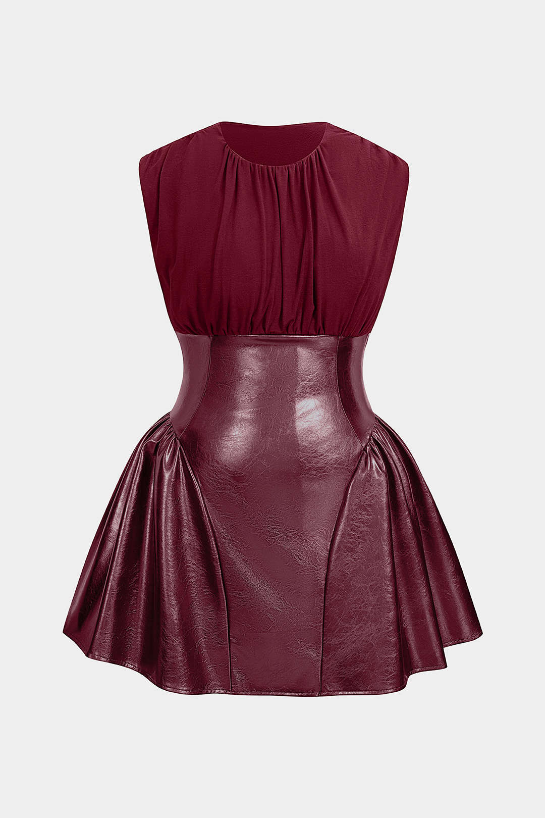 Plus Size Faux Leather Patchwork Ruched Sleeveless Mini Dress - Image 10
