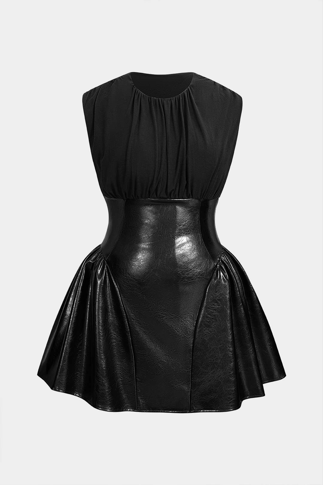 Plus Size Faux Leather Patchwork Ruched Sleeveless Mini Dress - Image 11