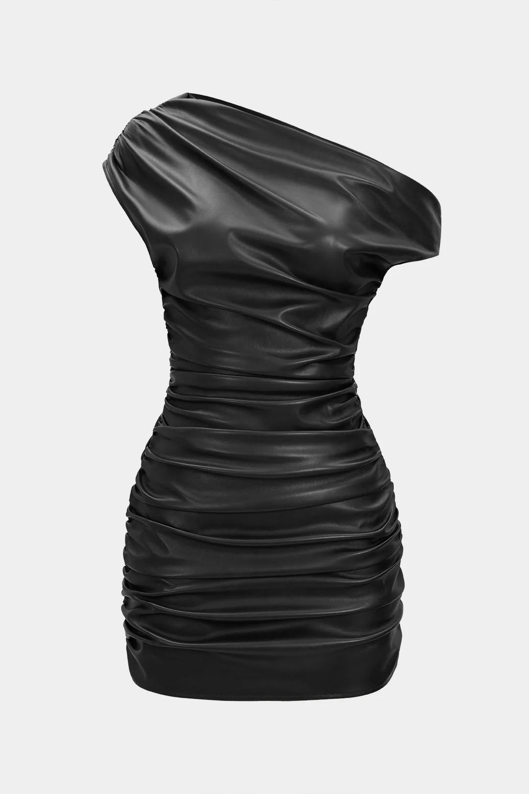 Faux Leather Ruched Boat Neck Asymmetrical Sleeveless Mini Dress - Image 12