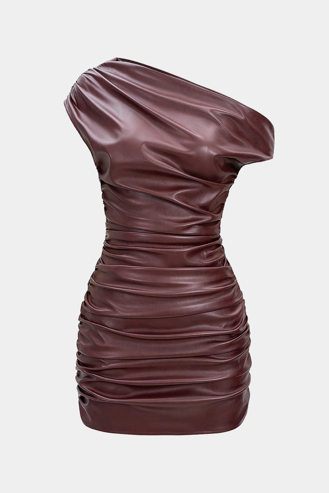 Faux Leather Ruched Boat Neck Asymmetrical Sleeveless Mini Dress - Image 4