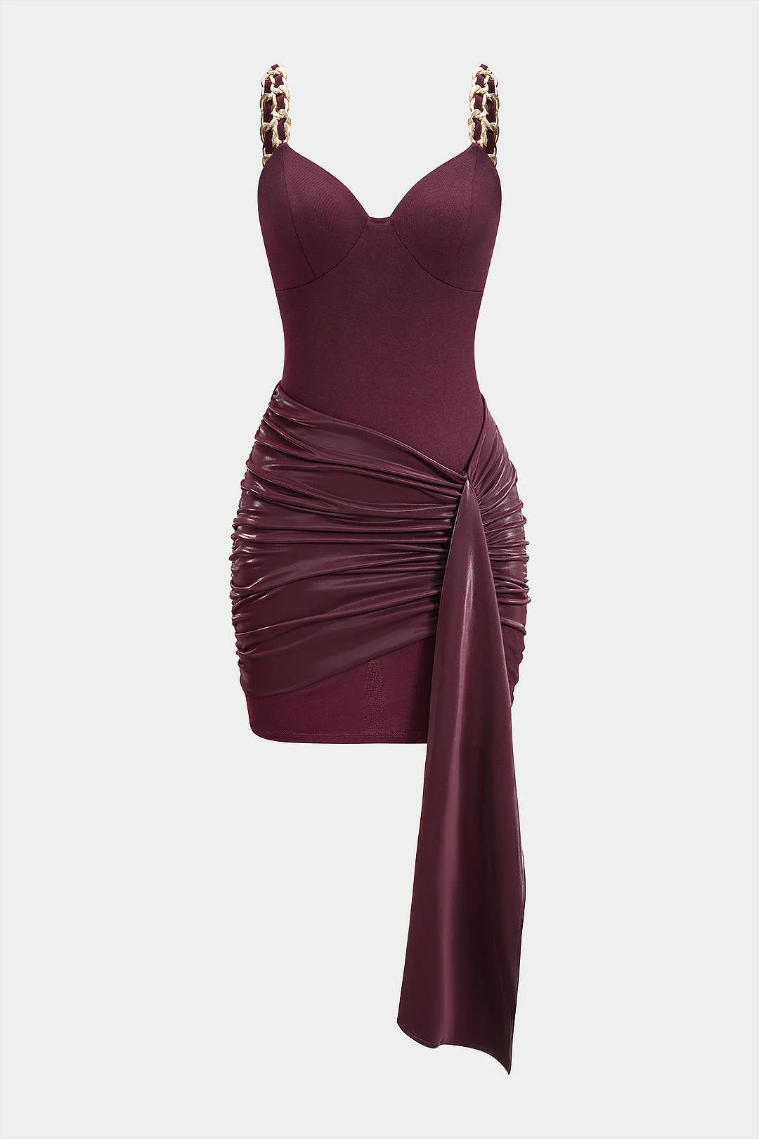 Faux Leather Chain Patchwork Ruched Sleeveless Mini Dress