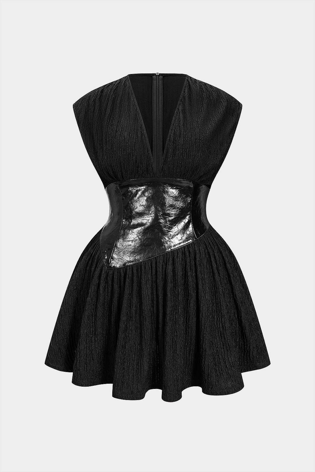 Plus Size Faux Leather Patchwork V-Neck Sleeveless Mini Dress - Image 11