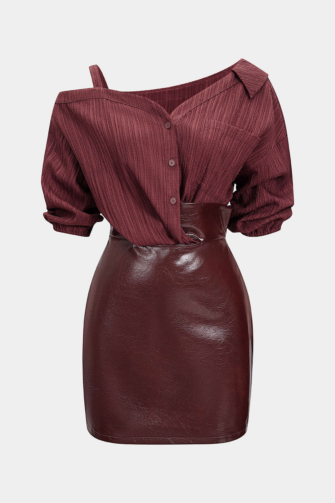 Faux Leather Patchwork Asymmetrical Short Sleeve Mini Dress - Image 6