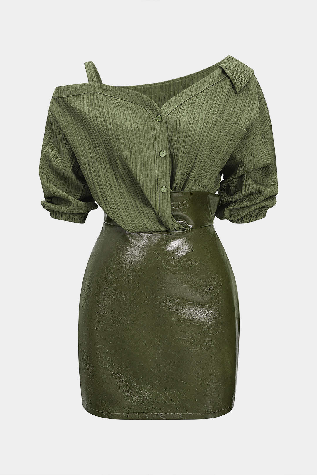 Faux Leather Patchwork Asymmetrical Short Sleeve Mini Dress - Image 7