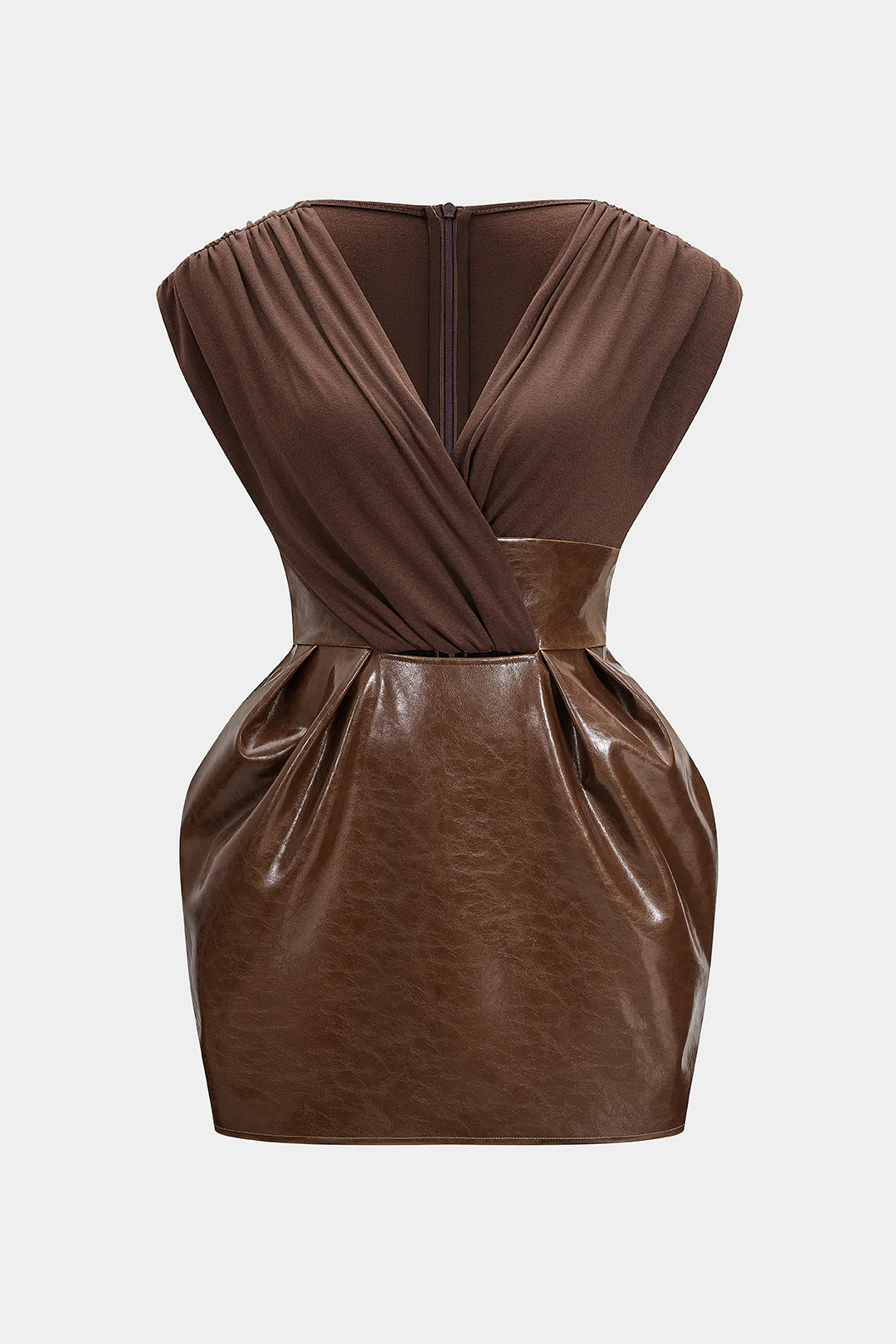 Plus Size Faux Leather Patchwork V-Neck Ruched Sleeveless Mini Dress