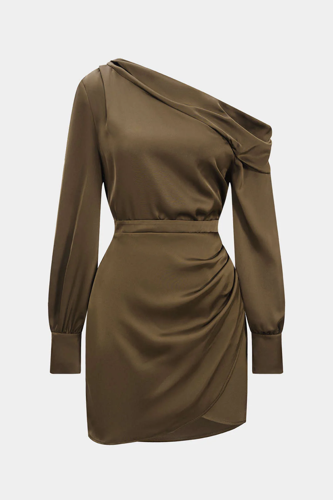 Satin Asymmetrical Neck Long Sleeve Mini Dress - Image 8