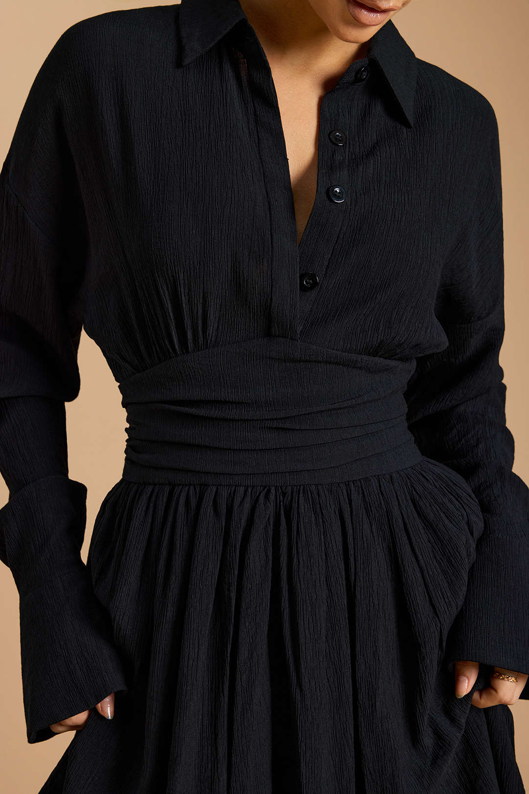 Button Ruched Long Sleeve Mini Dress - Image 4