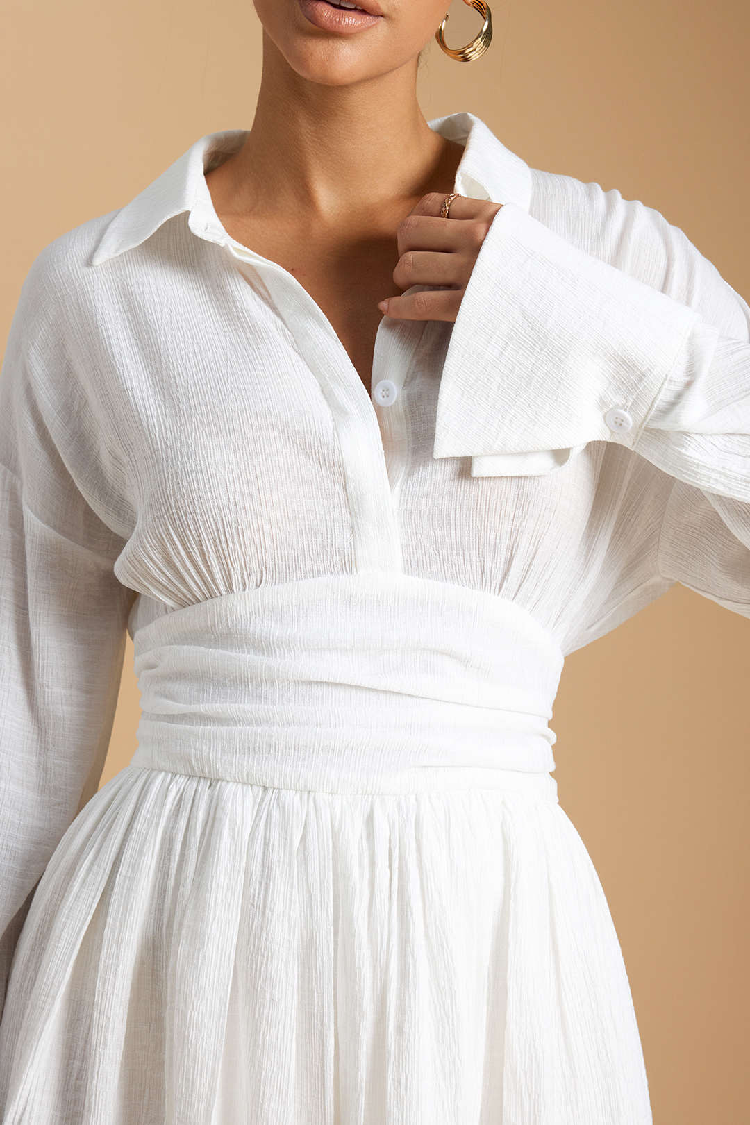 Button Ruched Long Sleeve Mini Dress - Image 7