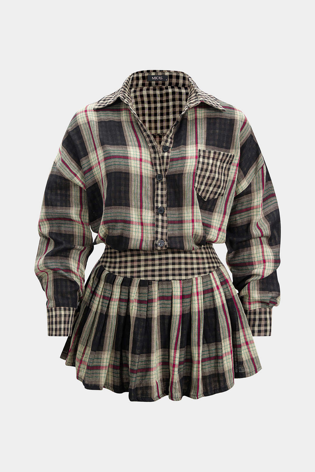 Plus Size Plaid Print Button Long-Sleeve Shirt And Mini Skirt Set