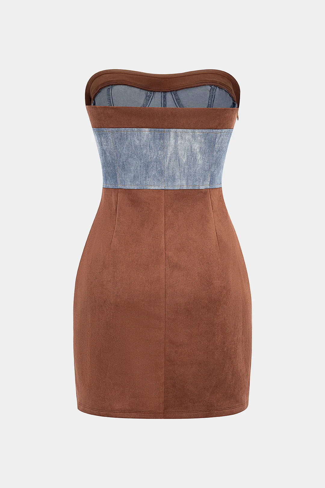 Suede Denim Patchwork Strapless Sleeveless Mini Dress - Image 2