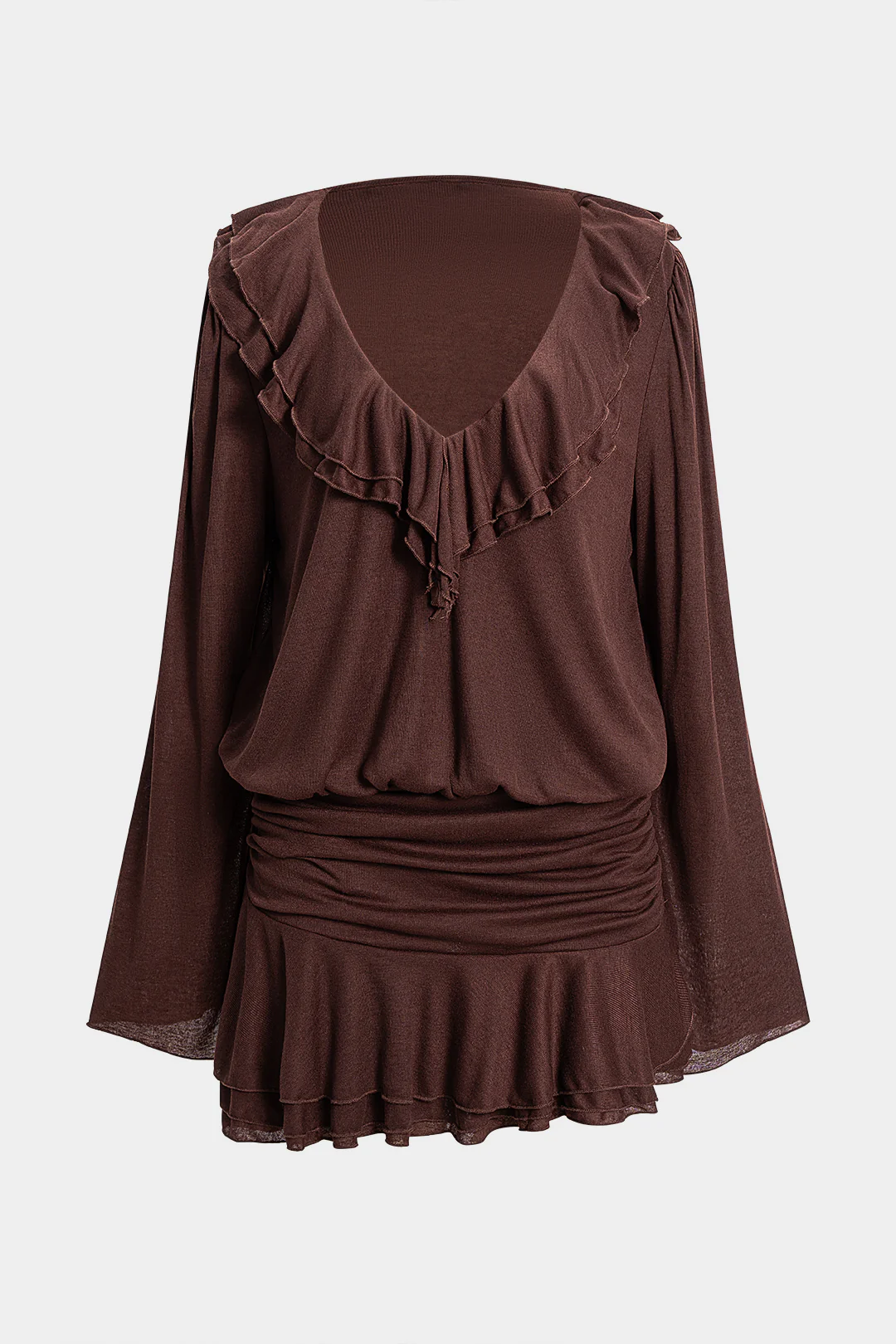 Solid Ruffel Ruched V-Neck Long Sleeve Mini Dress