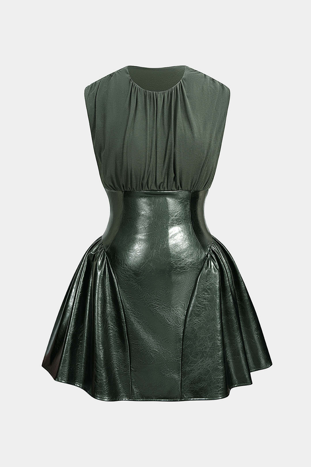 Faux Leather Patchwork Ruched Sleeveless Mini Dress