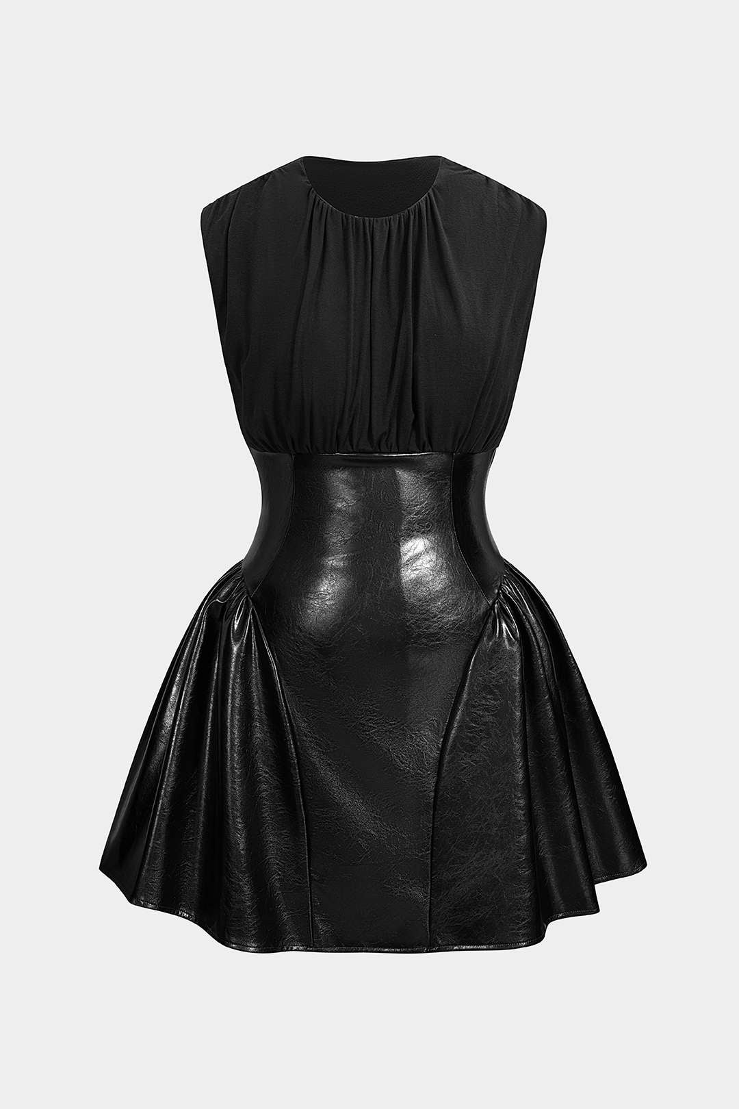 Faux Leather Patchwork Ruched Sleeveless Mini Dress - Image 10