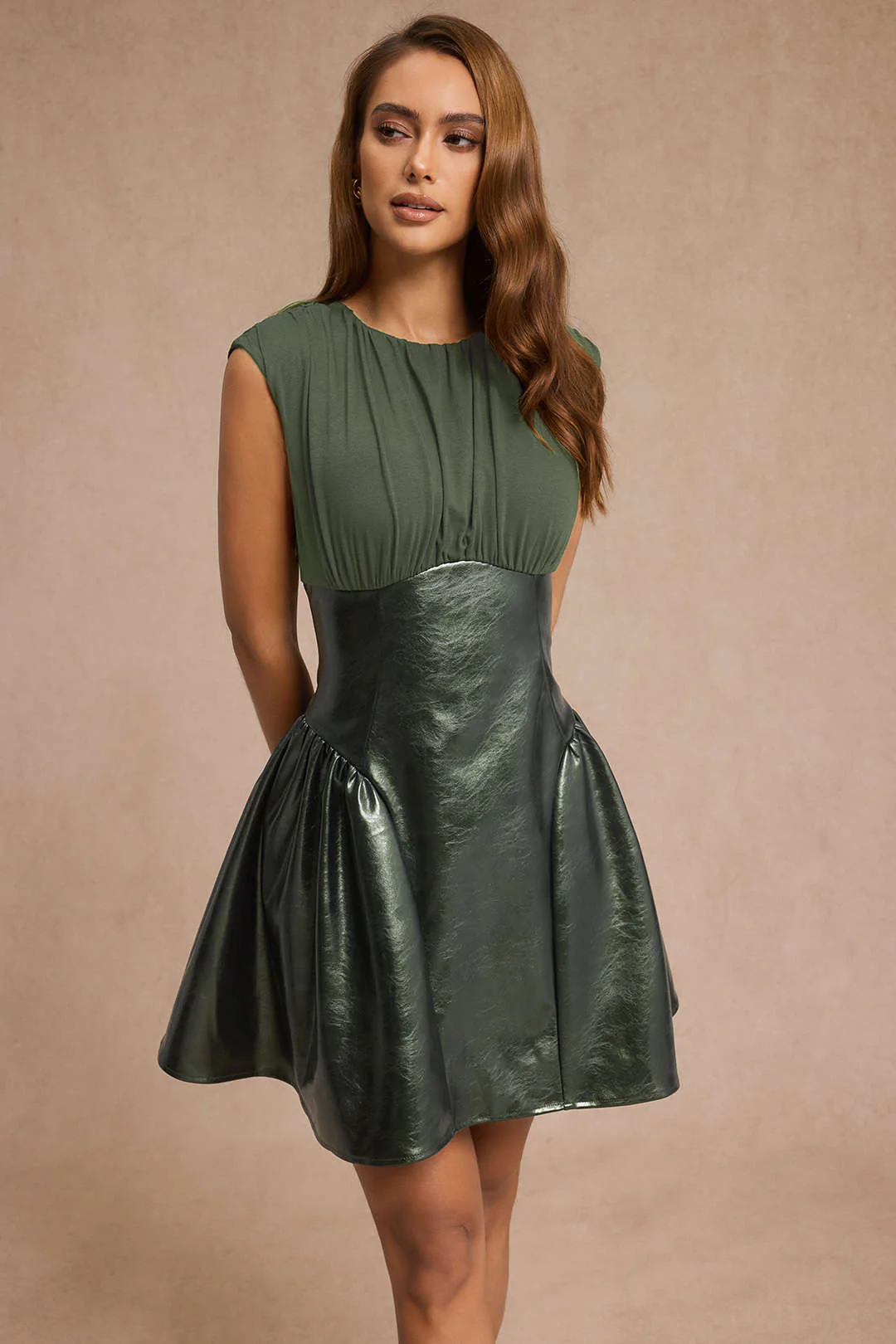 Faux Leather Patchwork Ruched Sleeveless Mini Dress - Image 5