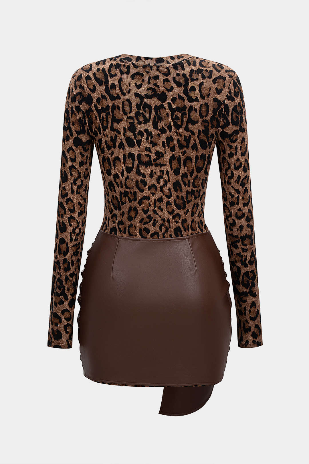Leopard Print Faux Leather Patchwork Long Sleeve Mini Dress - Image 8