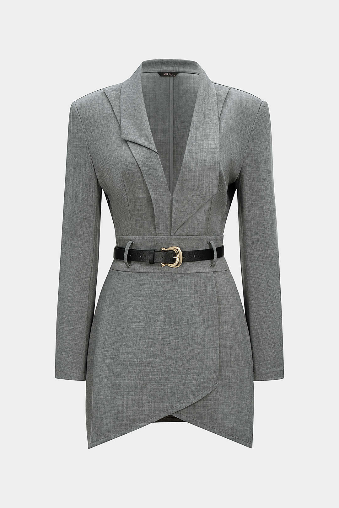 Asymmetrical Notched Lapel Belted Long Sleeve Mini Dress - Image 2