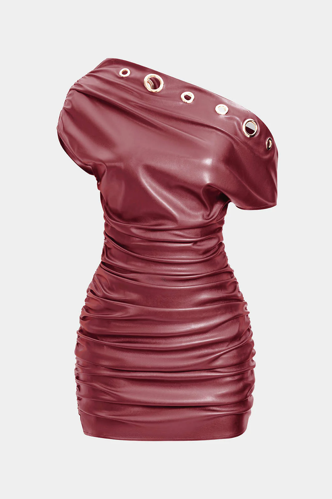 Faux Leather Metallic Eyelet Ruched One Shoulder Mini Dress - Image 11