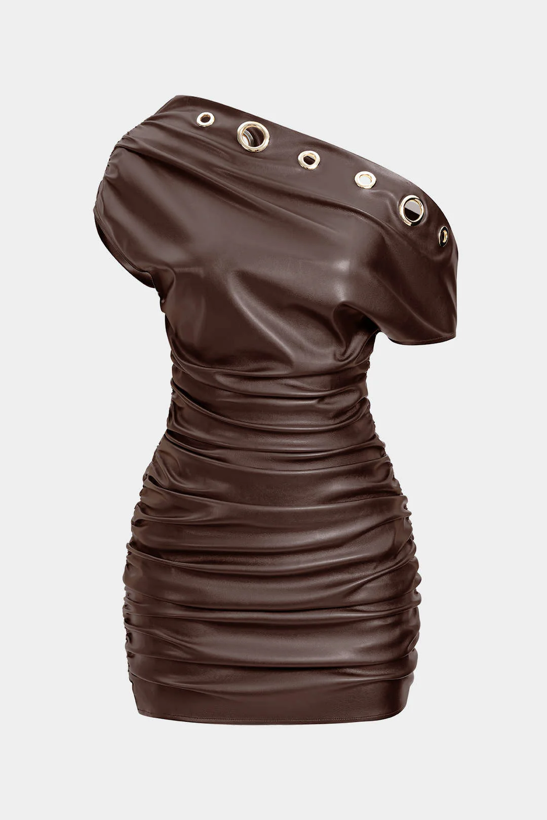 Faux Leather Metallic Eyelet Ruched One Shoulder Mini Dress - Image 12