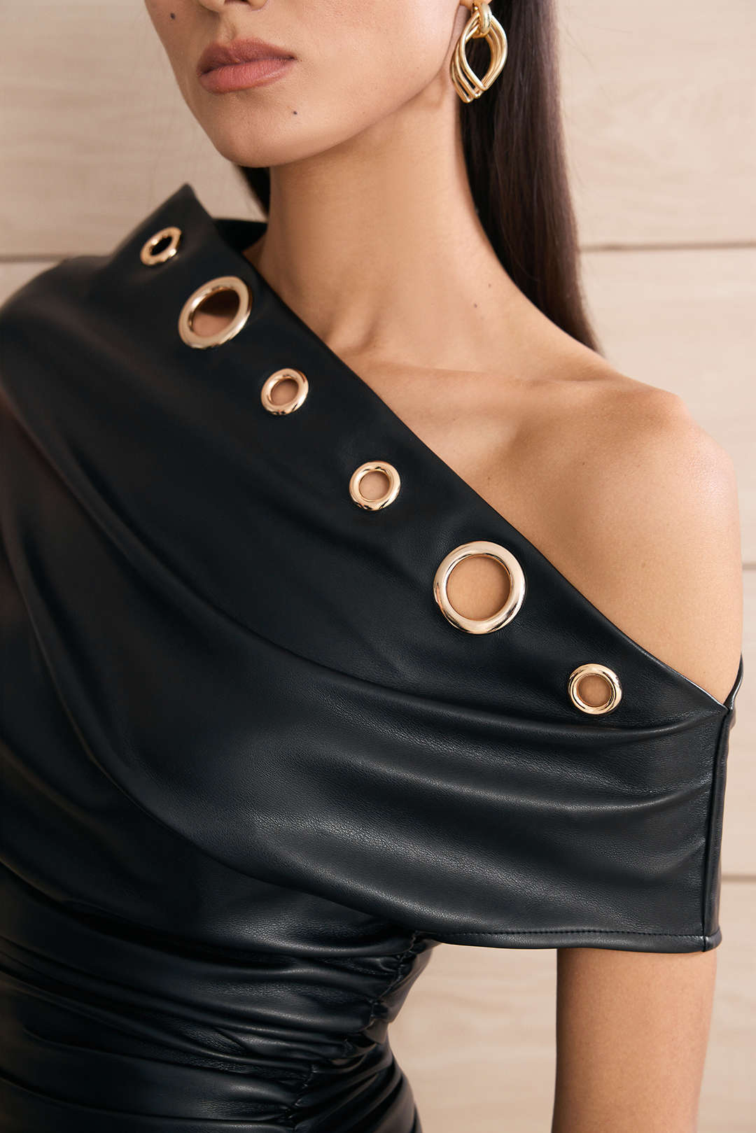 Faux Leather Metallic Eyelet Ruched One Shoulder Mini Dress - Image 8