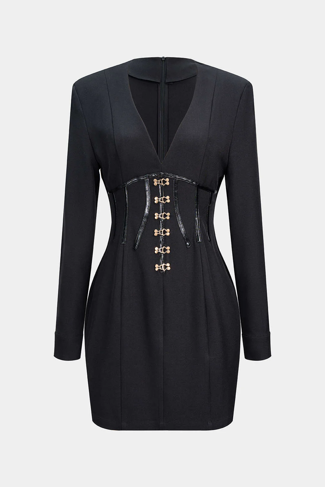 Metallic Buckle Waist-Cinching Long Sleeve Mini Dress