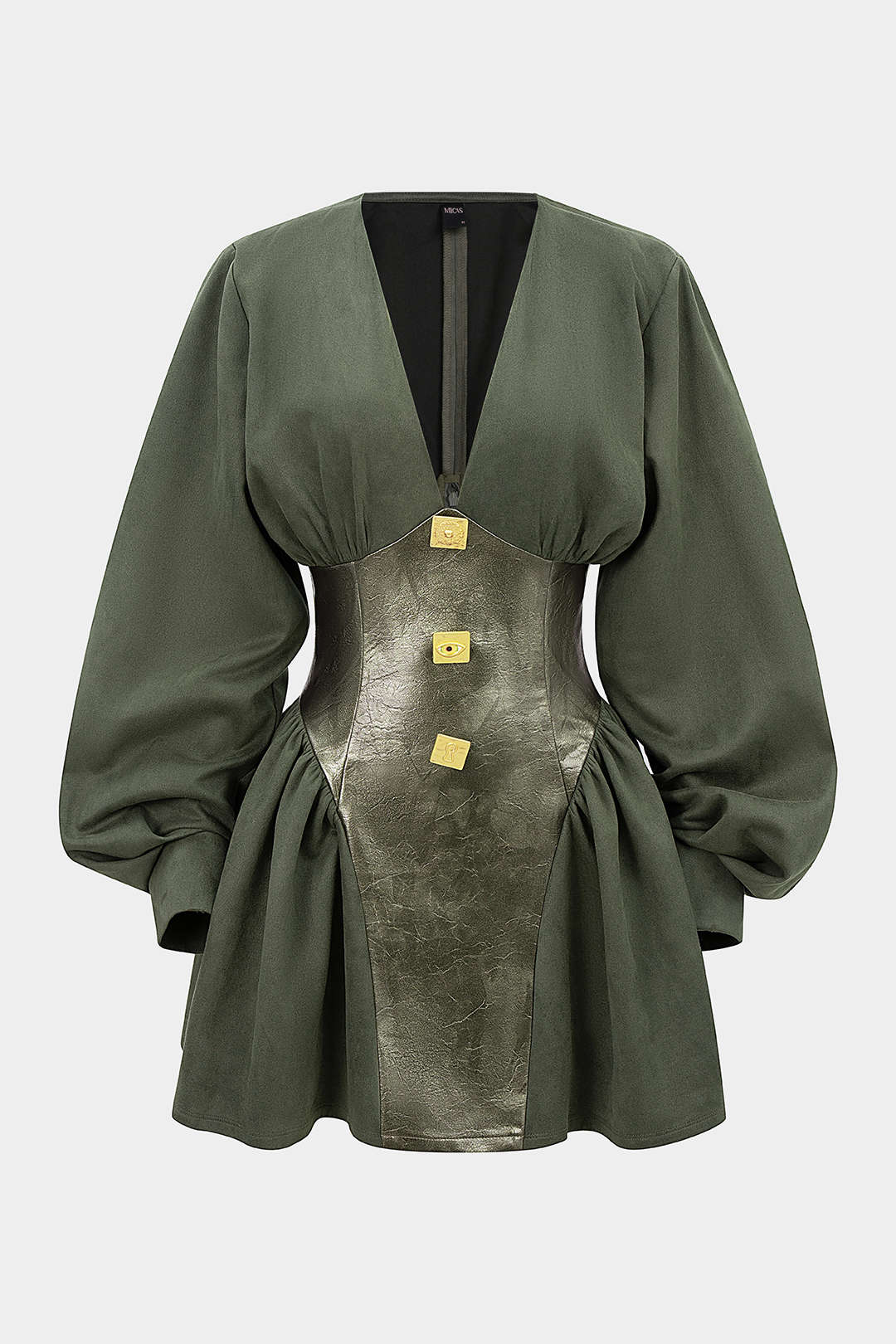 Faux Leather Patchwork Metallic Button Ruched Long Sleeve Mini Dress