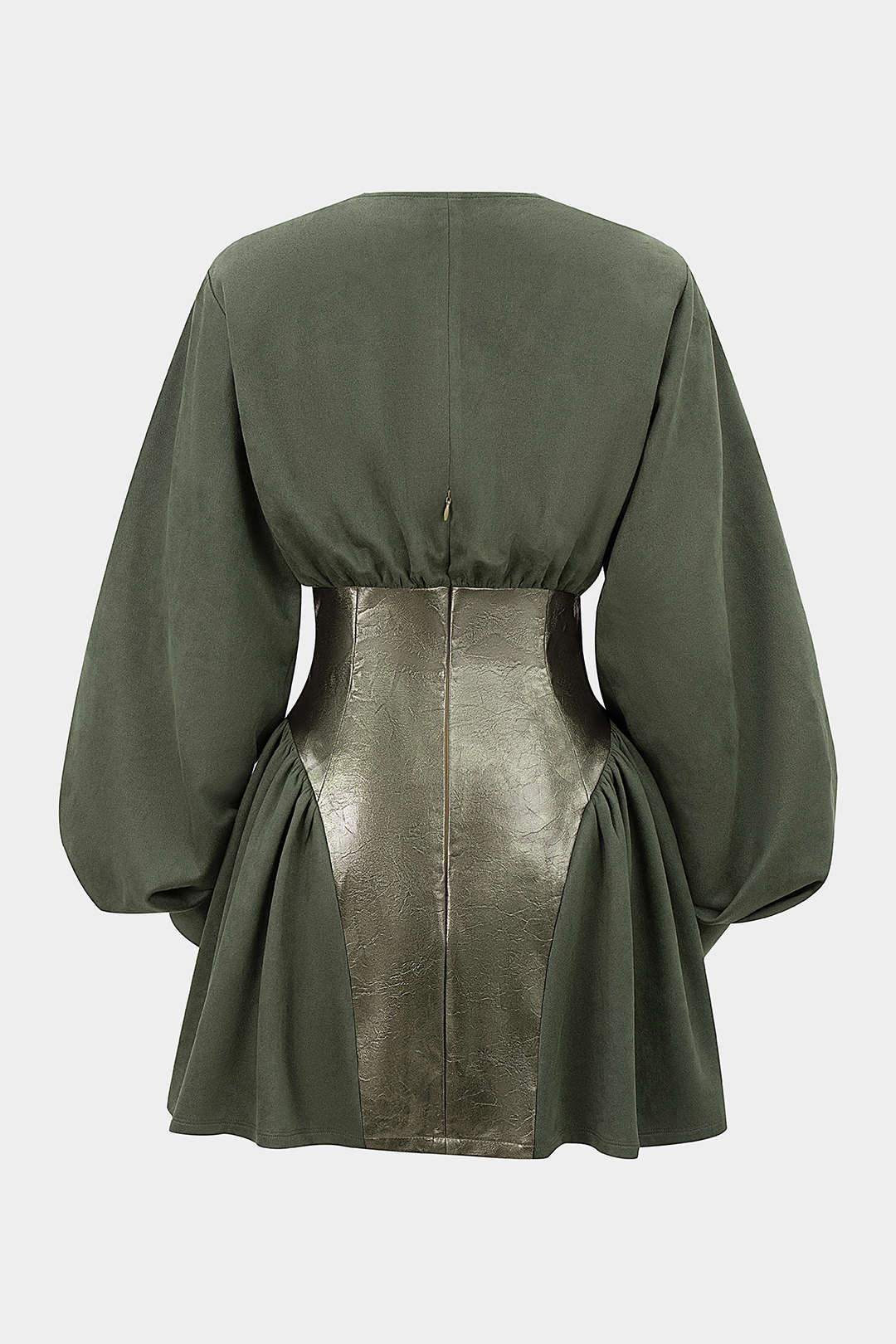 Faux Leather Patchwork Metallic Button Ruched Long Sleeve Mini Dress - Image 2