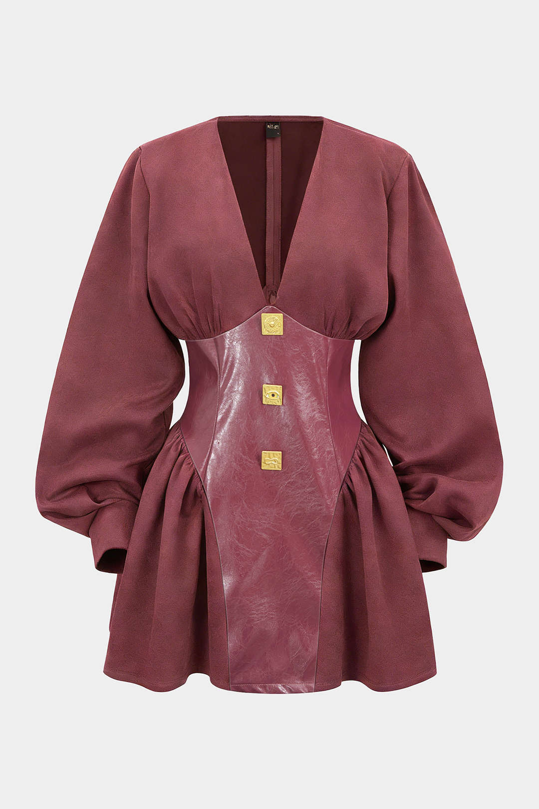 Faux Leather Patchwork Metallic Button Ruched Long Sleeve Mini Dress - Image 5
